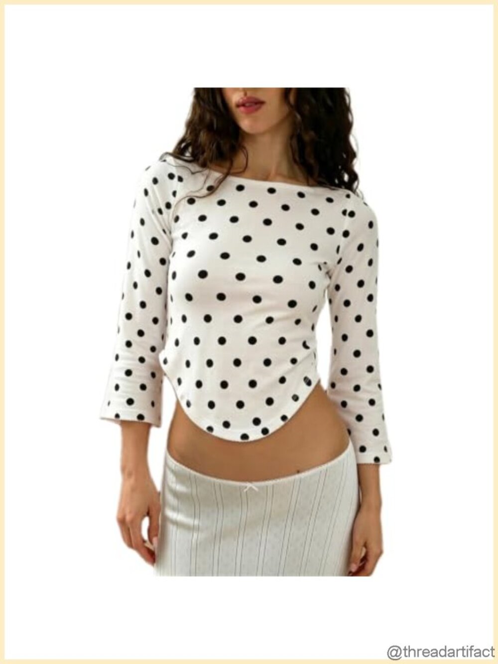 Polka Dot 3/4 Sleeve Boat Neck Crop Top Curved Hem Slim Fit Y2K Tee